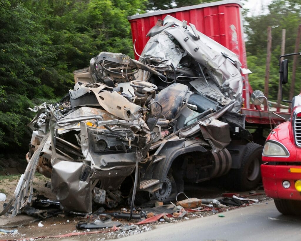 A wrecked truck on the side of the road.