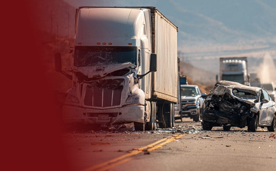 A damaged semi-truck and car after a collision on a highway, with debris scattered on the road and emergency vehicles in the background.