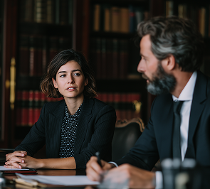 Two people in business attire sit at a table in a library or office, engaged in a serious conversation, with shelves of books in the background.