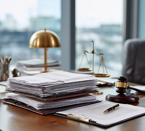 A desk with stacks of documents, a pen, a gavel, a brass desk lamp, and a small set of scales, in an office with large windows.