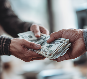 Two people exchange a stack of U.S. hundred-dollar bills, with one handing the money to the other.