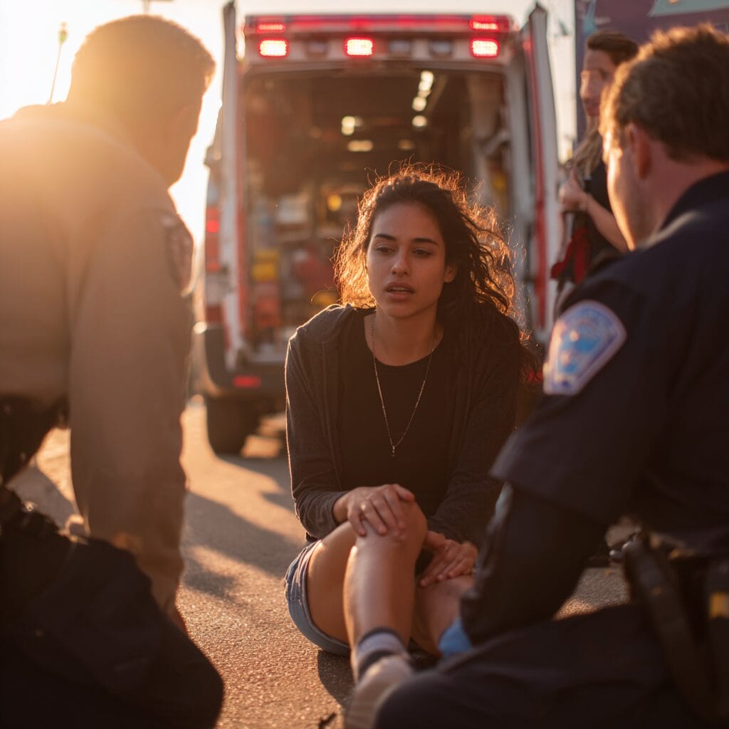A young woman sits on the ground holding her knee while two emergency responders assist her near an open ambulance at sunset.