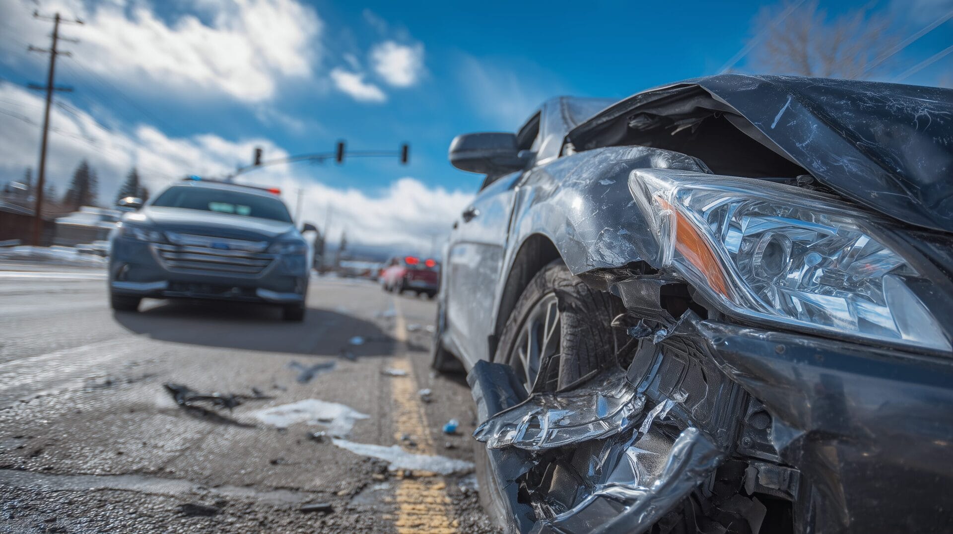A damaged black car with a crumpled front bumper is on a wet road; a police car is parked nearby, and debris is scattered around.