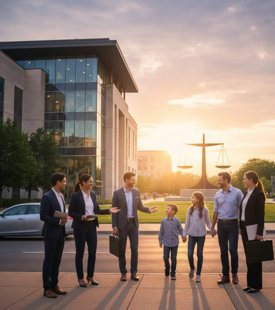 A group of professionals and two children stand talking on a sidewalk near an office building, with a large justice scale statue and the setting sun in the background.