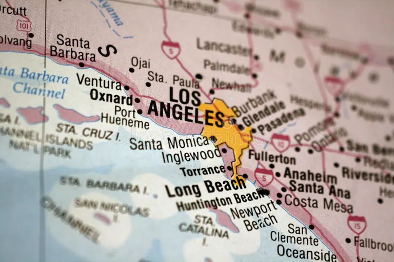 Close-up of a map highlighting Los Angeles and surrounding cities in Southern California, including Long Beach, Santa Monica, and Anaheim.